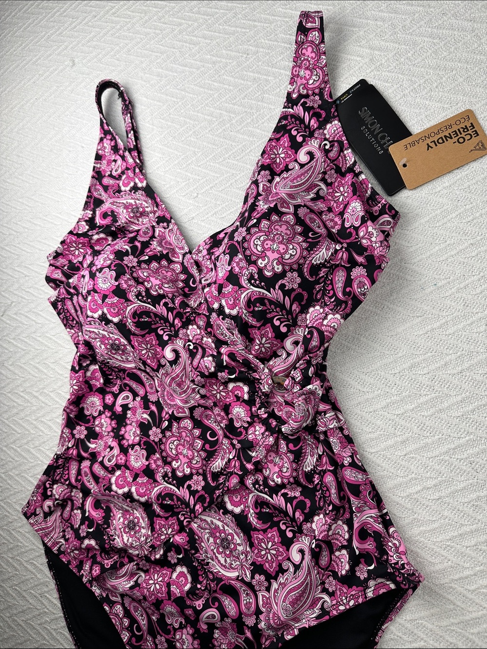 Simon Chang Black and Pink Paisley One-Piece Swimsuit - Picture 3 of 16